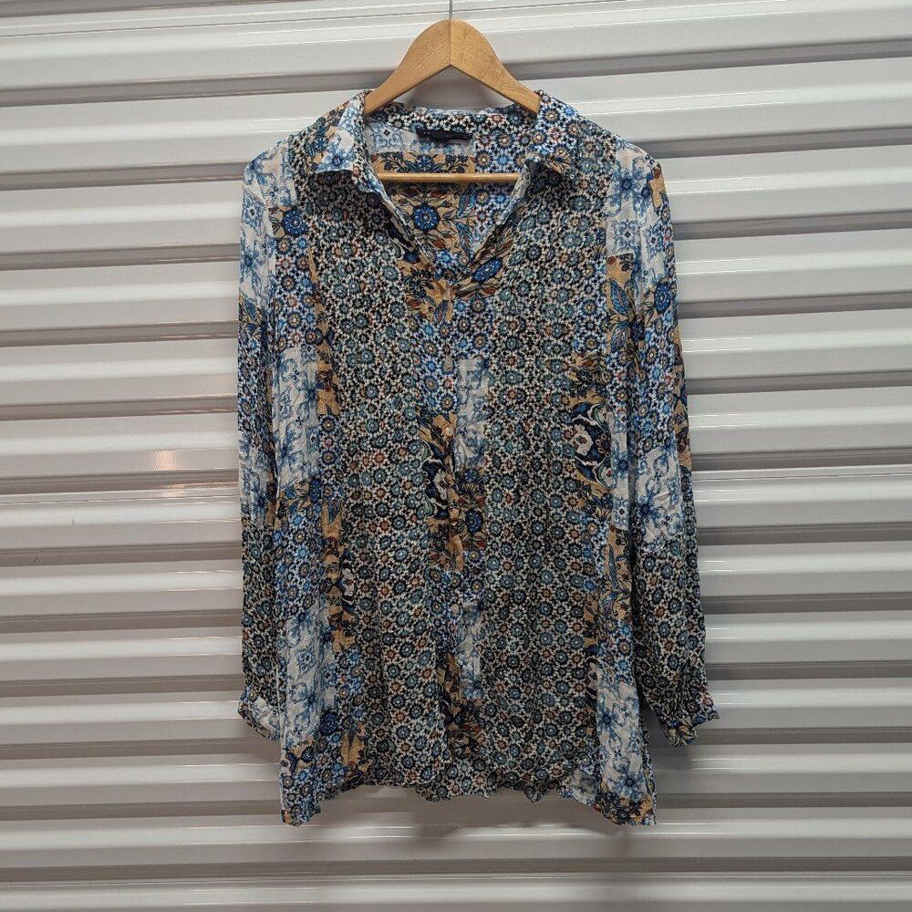 Jane + Delancey Boho Peasant Size Large Bright Mixed Pattern Button Up Blouse